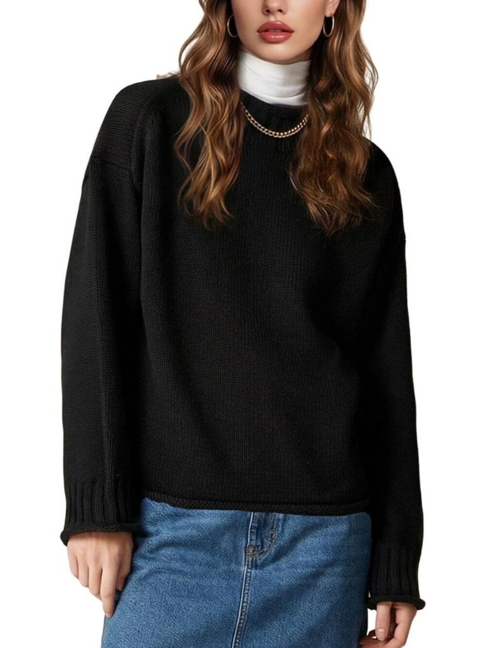 Women's Black Rollneck Sweater Oversized Cotton Long Sleeve Casual Knit Sweater